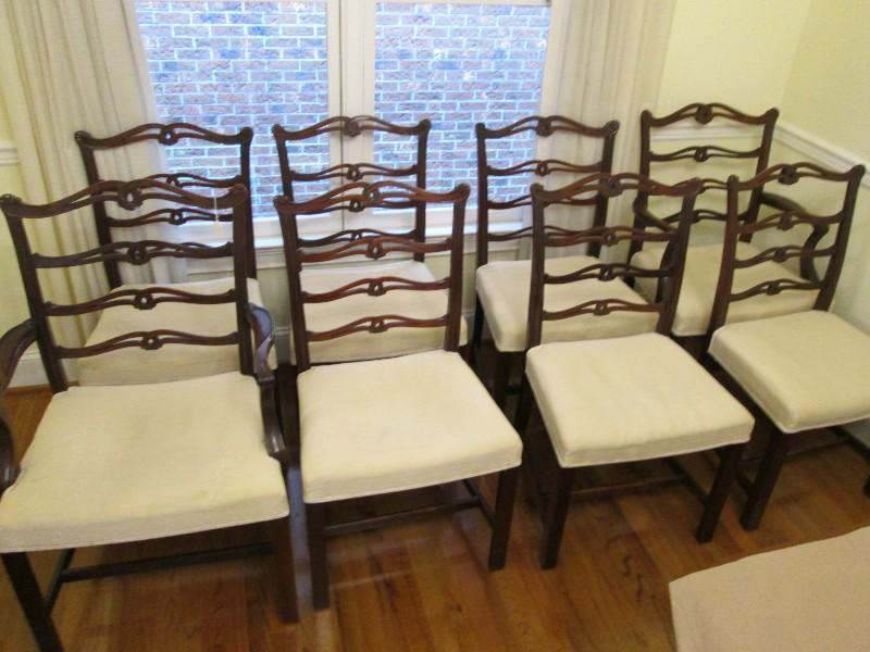 8 Cherry Wood Dining Chairs, Cream Upholstered Seat Ornate Curled/Pierced Ladder Back