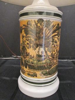 Ceramic Lamp w/ Cornucopia/Vase/Bird Scene Motif White Shade