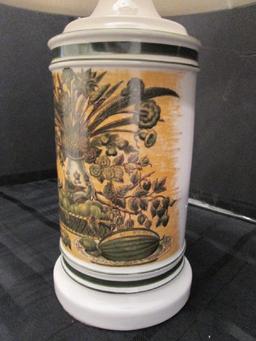 Ceramic Lamp w/ Cornucopia/Vase/Bird Scene Motif White Shade