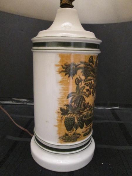 Ceramic Lamp w/ Cornucopia/Vase/Bird Scene Motif White Shade