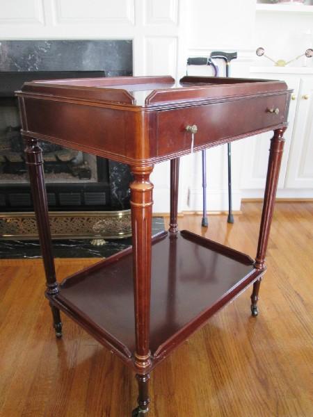 Dark Wood Serving Trestle/Tray 2-Tier Column Legs, Spindle-To-Casters Feet, 1 Drawer