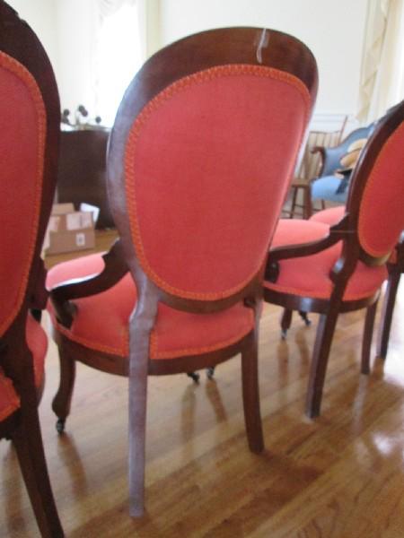 4 Rococo-Revival Style Chairs Curved Leaf/Scroll Design Shield Back, Grooved Legs