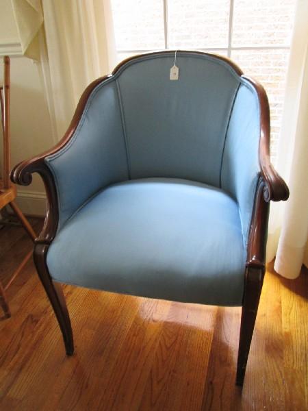 Dark Wood Arm Chair Scallop Back, Curled Arms, Curved Front Legs, Blue Upholstered Body