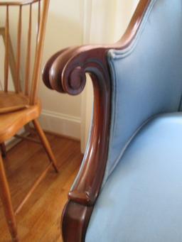 Dark Wood Arm Chair Scallop Back, Curled Arms, Curved Front Legs, Blue Upholstered Body