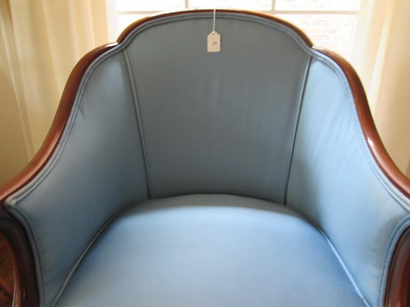 Dark Wood Arm Chair Scallop Back, Curled Arms, Curved Front Legs, Blue Upholstered Body