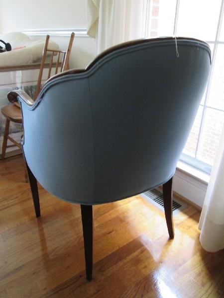 Dark Wood Arm Chair Scallop Back, Curled Arms, Curved Front Legs, Blue Upholstered Body