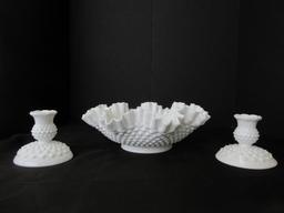 3 Piece - Fenton Milk Glass Hobnail Pattern Console Bowl Set