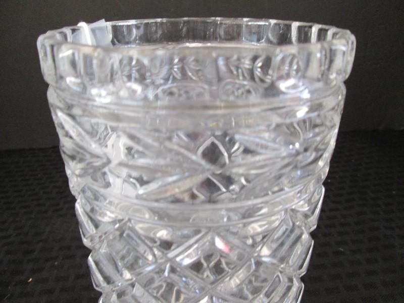 Tall Vintage Crystal Glass Diamond Cut Vase, Fan Band, Star-Burst Base