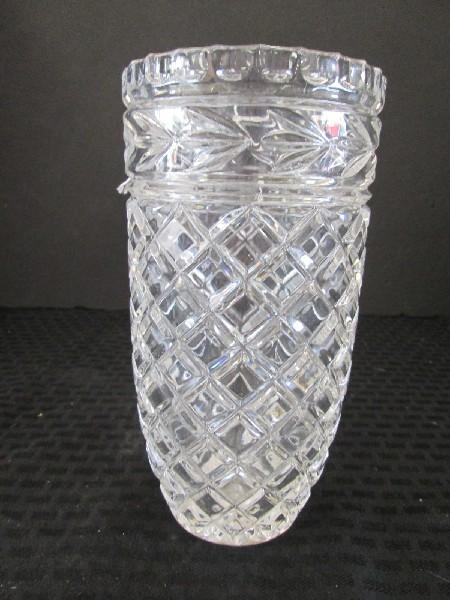 Tall Vintage Crystal Glass Diamond Cut Vase, Fan Band, Star-Burst Base
