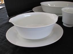 White Ceramic Lot - 7 Plate 10 1/2" D, 7 Bread Plates 6 3/8" D, 11 Bowls, 8 Saucers, 7 Cups