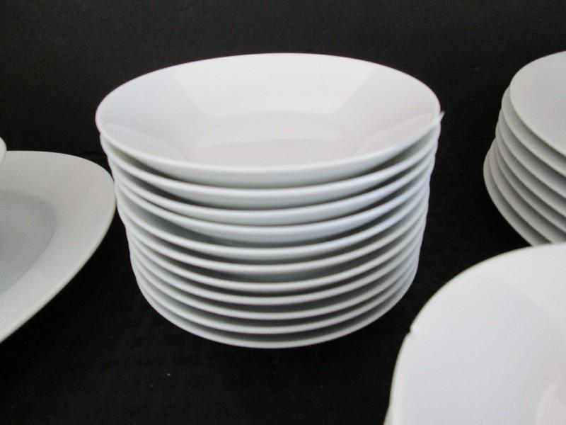 White Ceramic Lot - 7 Plate 10 1/2" D, 7 Bread Plates 6 3/8" D, 11 Bowls, 8 Saucers, 7 Cups