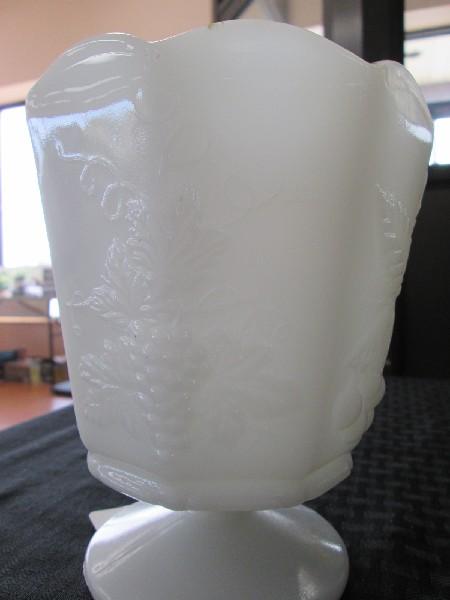 Vintage Napco Cleveland Milk Glass Vase, Grape/Berry Motif, Scallop Rim on Pontil base