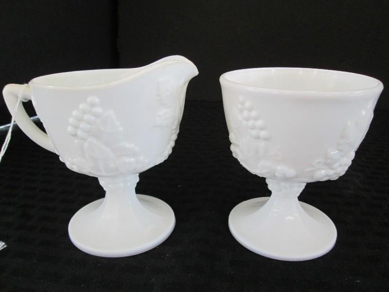 Milk Glass Sugar/Creamer Grape/Leaf Motif Pattern