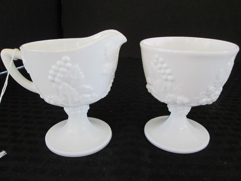 Milk Glass Sugar/Creamer Grape/Leaf Motif Pattern