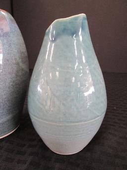Wide Body Blue Glazed Ceramic Vase Signed Russell R.M.S. on Base