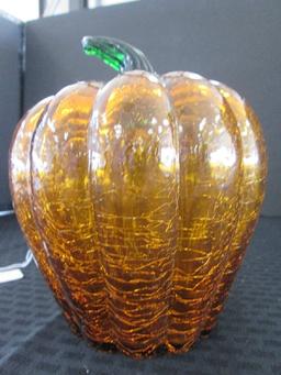 Crackle-Glass Amber Glass, Pumpkin w/ Green Glass Stem