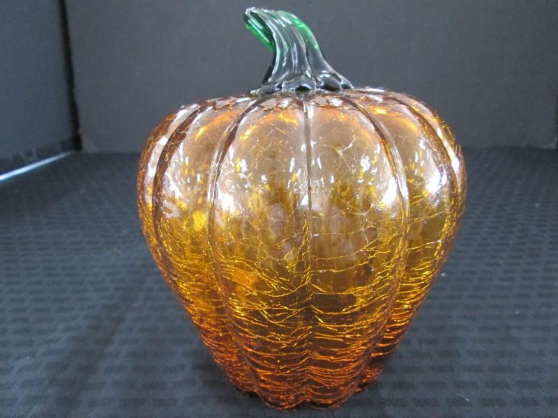 Crackle-Glass Amber Glass, Pumpkin w/ Green Glass Stem