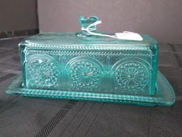Turquoise Glass Salt/Pepper Shakers & Butter Dish Bead Trim