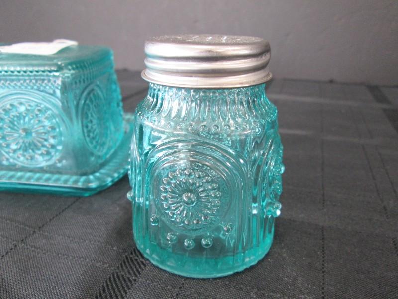 Turquoise Glass Salt/Pepper Shakers & Butter Dish Bead Trim