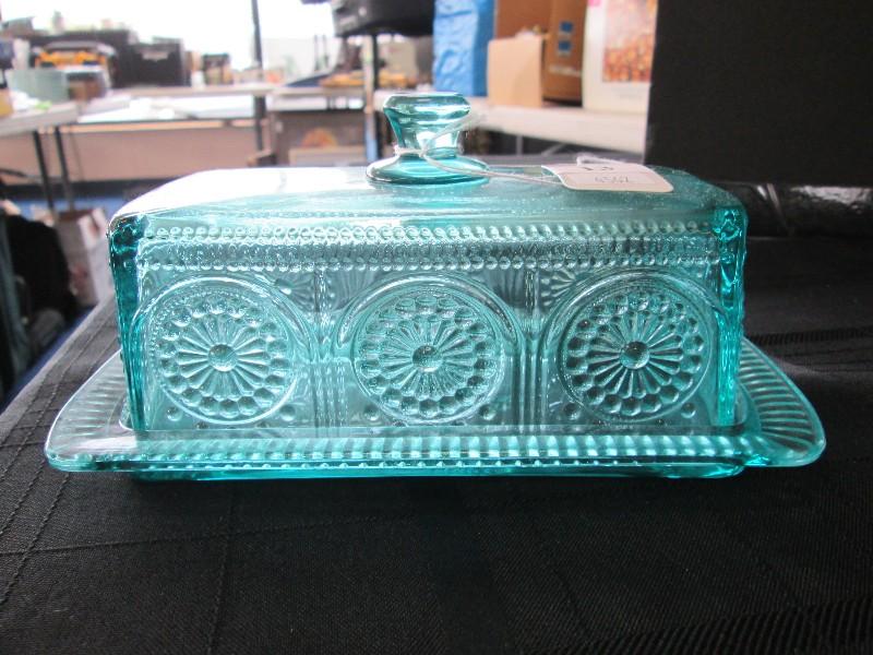 Turquoise Glass Salt/Pepper Shakers & Butter Dish Bead Trim