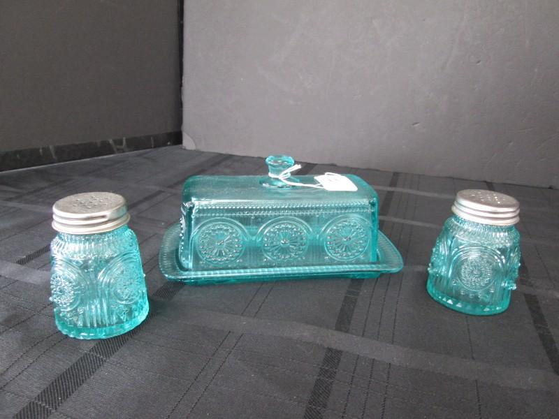 Turquoise Glass Salt/Pepper Shakers & Butter Dish Bead Trim