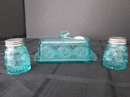 Turquoise Glass Salt/Pepper Shakers & Butter Dish Bead Trim
