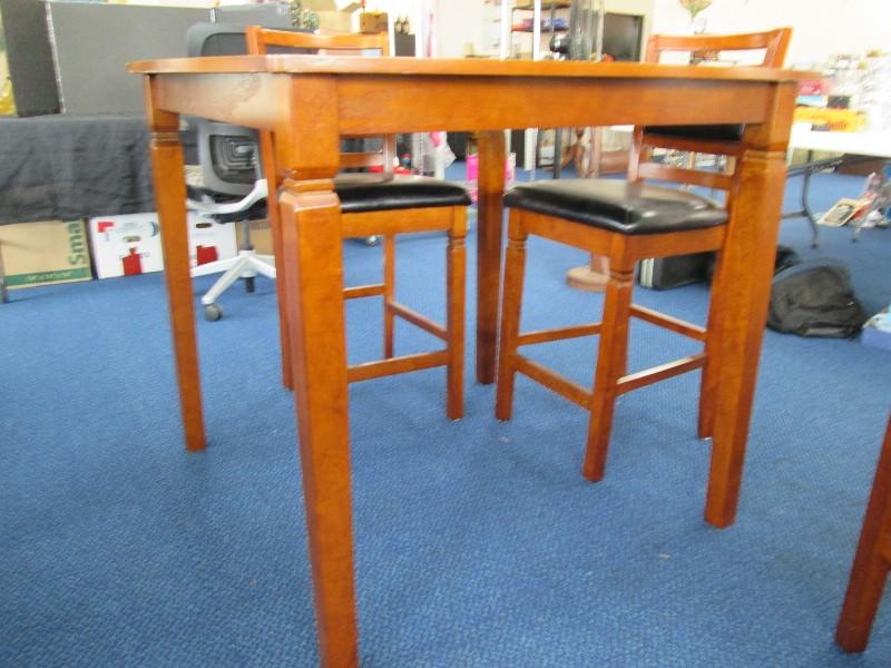 Tall Dark Wooden Table Square Top Narrow Legs w/ 4 Tall Matching Chairs