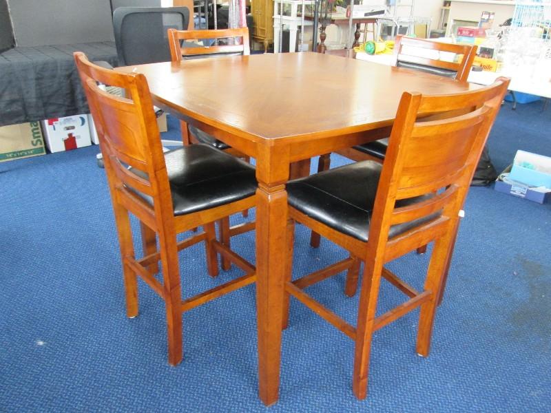 Tall Dark Wooden Table Square Top Narrow Legs w/ 4 Tall Matching Chairs