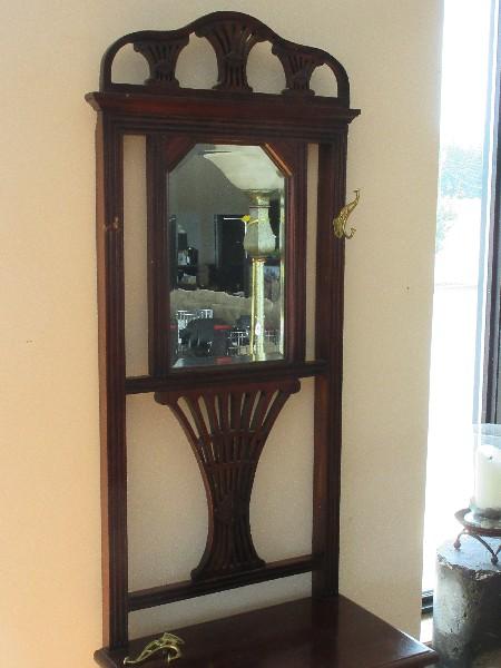 Mahogany Victorian Era Style Hall Tree w/ Beveled Mirror, Intricate Carved Pierced Design