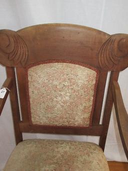 Parlor Arm Chair w/ Carved Scrolled Foliage & Upholstered Back/Seat