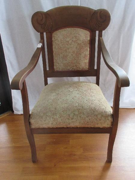 Parlor Arm Chair w/ Carved Scrolled Foliage & Upholstered Back/Seat