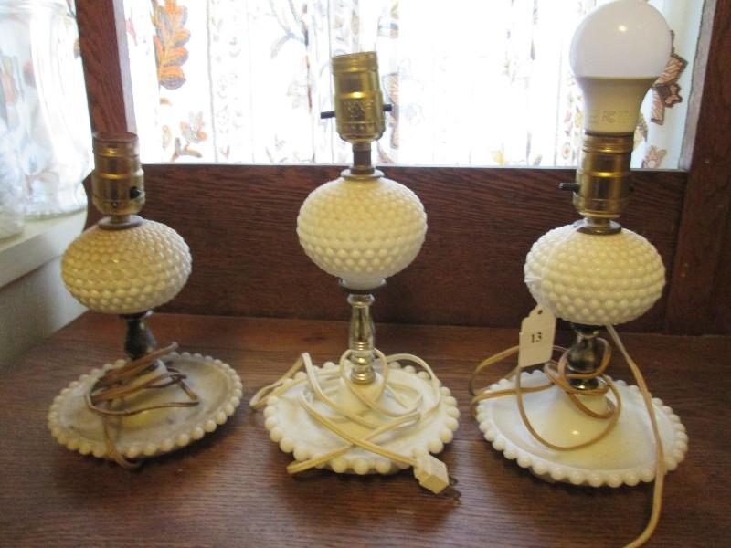 3 Vintage Milk Glass Side Lights Hobnail Globe Center w/ Bead Trim Over Dish Base