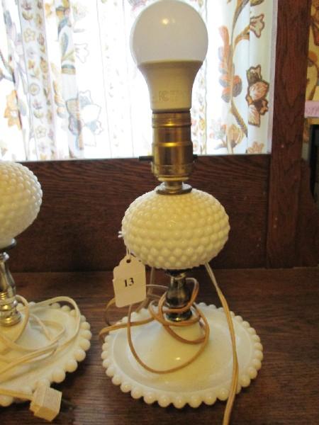 3 Vintage Milk Glass Side Lights Hobnail Globe Center w/ Bead Trim Over Dish Base