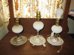 3 Vintage Milk Glass Side Lights Hobnail Globe Center w/ Bead Trim Over Dish Base