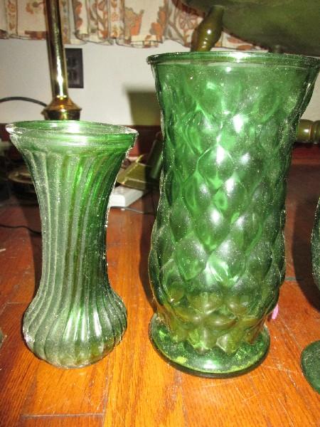 Emerald Green Glass Lot - 2 Twist Design Vases, 1 Cup Diamond Motif