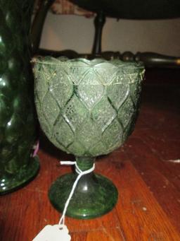 Emerald Green Glass Lot - 2 Twist Design Vases, 1 Cup Diamond Motif