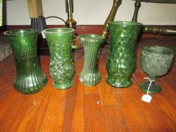 Emerald Green Glass Lot - 2 Twist Design Vases, 1 Cup Diamond Motif