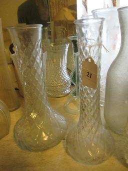 Clear Glass Lot - 2 Vases, 1 Vintage Milk Jar, Bud Vases, Etc.