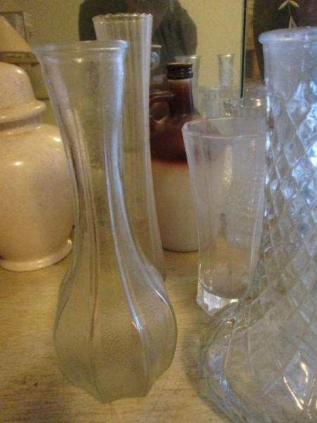 Clear Glass Lot - 2 Vases, 1 Vintage Milk Jar, Bud Vases, Etc.