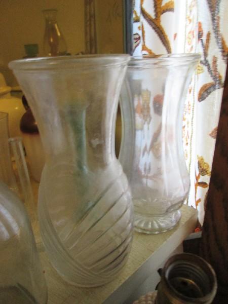 Clear Glass Lot - 2 Vases, 1 Vintage Milk Jar, Bud Vases, Etc.