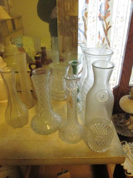 Clear Glass Lot - 2 Vases, 1 Vintage Milk Jar, Bud Vases, Etc.