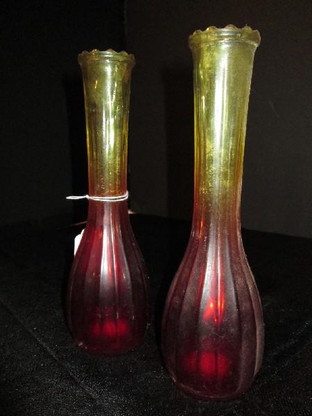 2 Ruby-To-Yellow Glass Vintage Bud Vases Ribbed Design