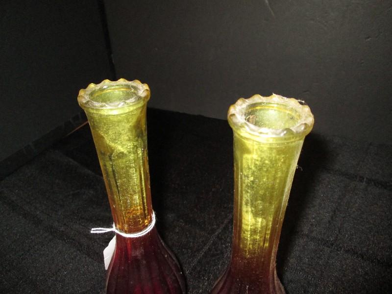 2 Ruby-To-Yellow Glass Vintage Bud Vases Ribbed Design