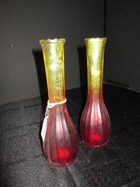 2 Ruby-To-Yellow Glass Vintage Bud Vases Ribbed Design