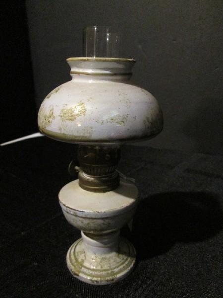 Miniature Vintage Oil Lamp w/ Hooded Shade Ceramic w/ Clear Glass Shade