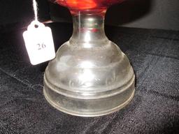 Tall Oil Lamp w/ Contents & Bead Trim Top Clear Hurricane Glass Shade