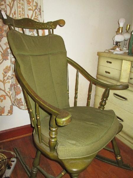 Vintage Wooden Rocker Slat Back Curved/Scroll Arms, Arch Back, Floral Motif, Spindle Sides