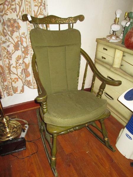 Vintage Wooden Rocker Slat Back Curved/Scroll Arms, Arch Back, Floral Motif, Spindle Sides