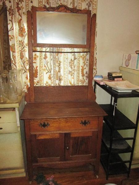 Vintage Wooden Washboard Raised Square Mirror, Towel Rack, 1 Drawer w/ 2 Doors