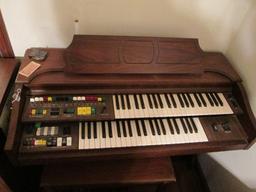 Vintage Wooden Player Organ Yamaha Fabric Lower Half w/ Bench w/ Open Top Storage